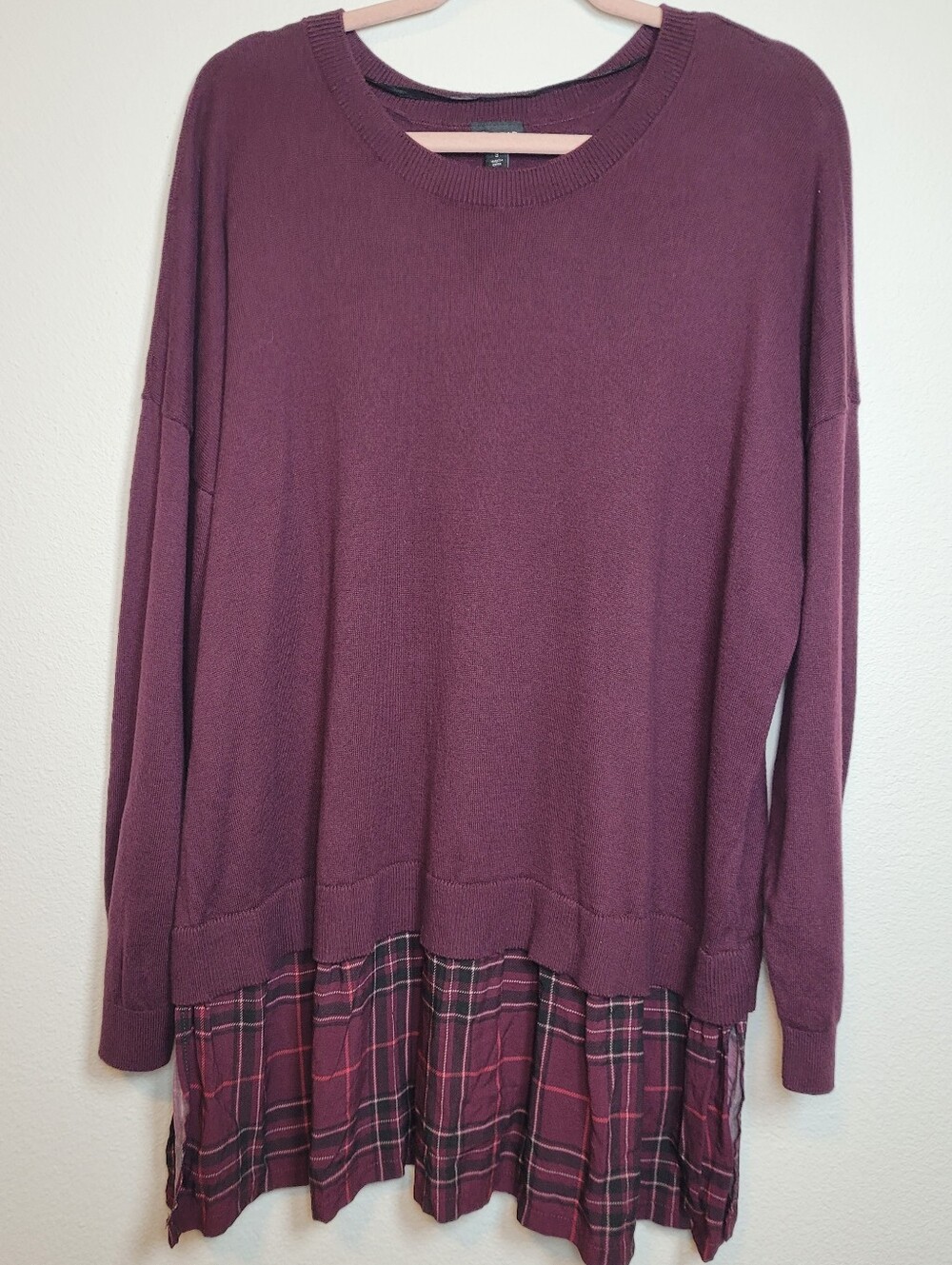 Torrid Plum Burgundy Plaid Mixed Media Layered Sweater Tunic 3 Grunge 90s Preppy